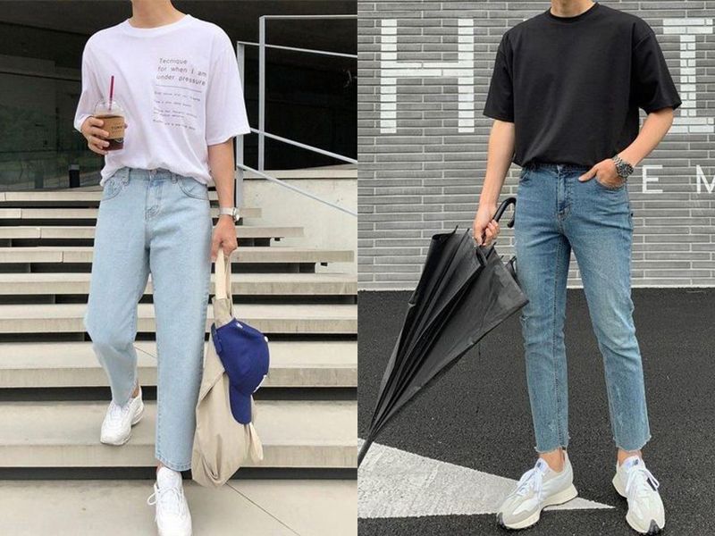 Combo quần jeans dài + áo phông