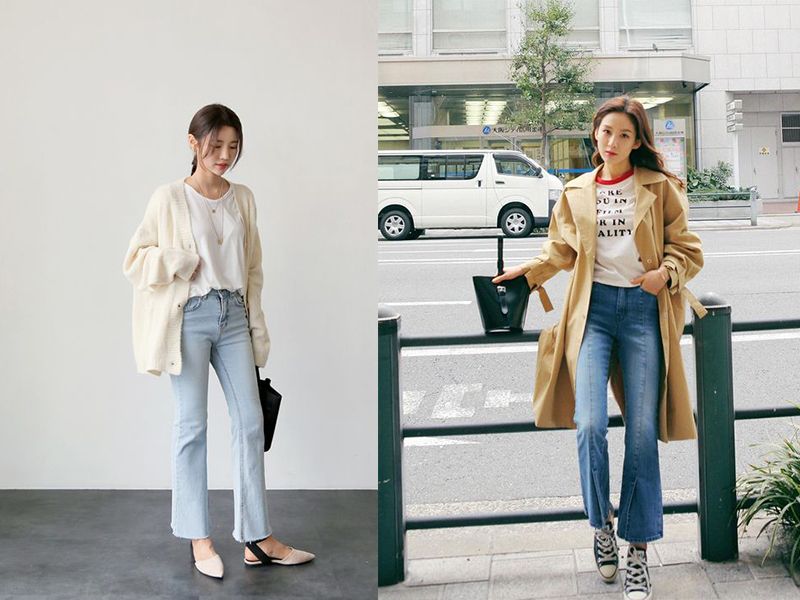 Quần ống loe lưng cao và quần mom jeans kết hợp với áo phông đơn giản tạo nên tổng thể cân đối