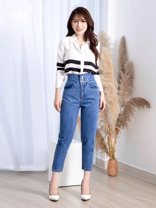 Quần jeans cạp cao 2 khuy