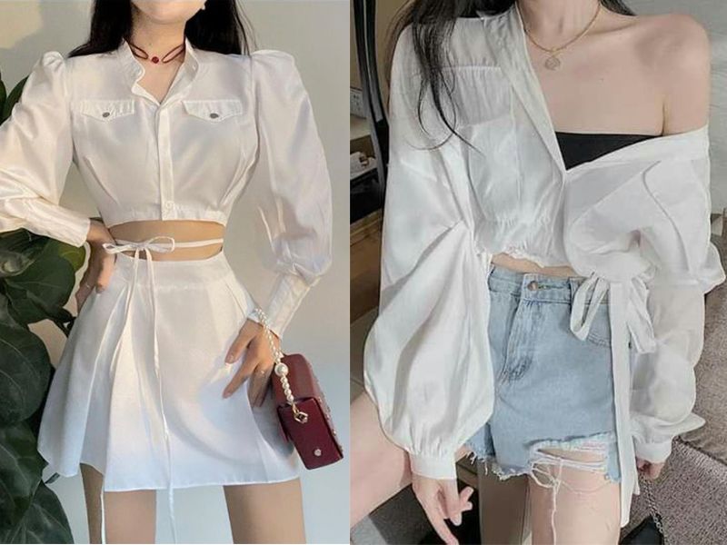 Phối áo sơ mi croptop với chân váy kaki hoặc quần short