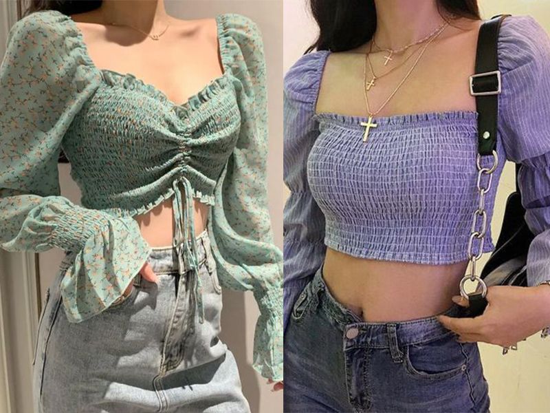 Phong cách nữ tính, duyên dáng với chiếc áo croptop tay dài nhún bèo