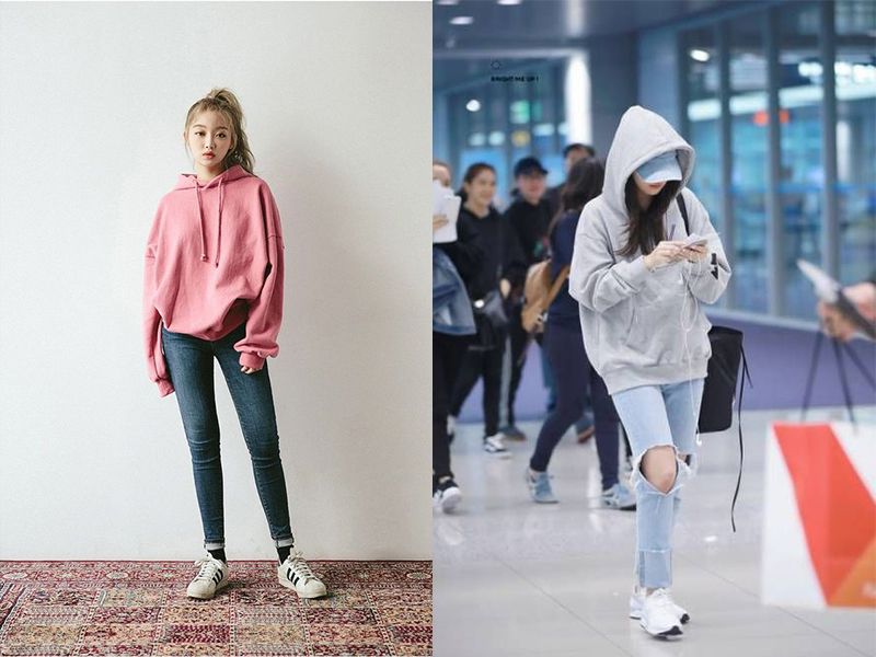 Mix đồ khéo léo với áo hoodie dài tay và quần jeans, giày sneaker thoải mái