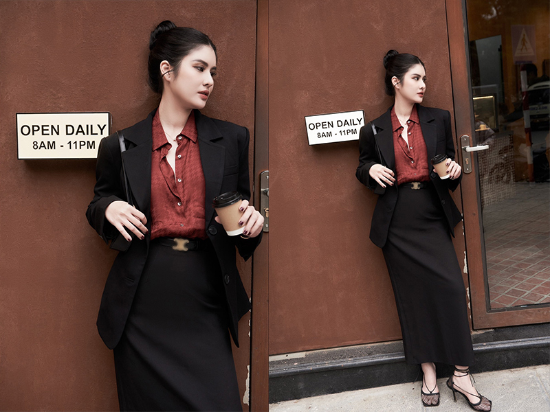 Outfit tối giản nhưng cực sang chảnh: áo sơ mi, chân váy dáng dài và blazer