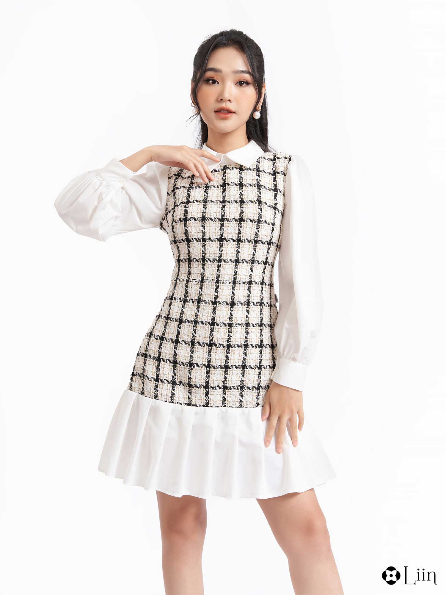 Váy sơ mi trắng phối yếm đen công chúa bánh bèo, đầm sơ mi tay bồng chữ A  nữ tính tiểu thư | Shopee Việt Nam