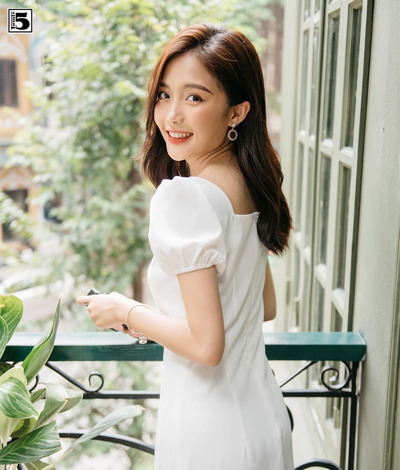 Váy trắng cổ vuông tay bồng dây rút | Shopee Việt Nam