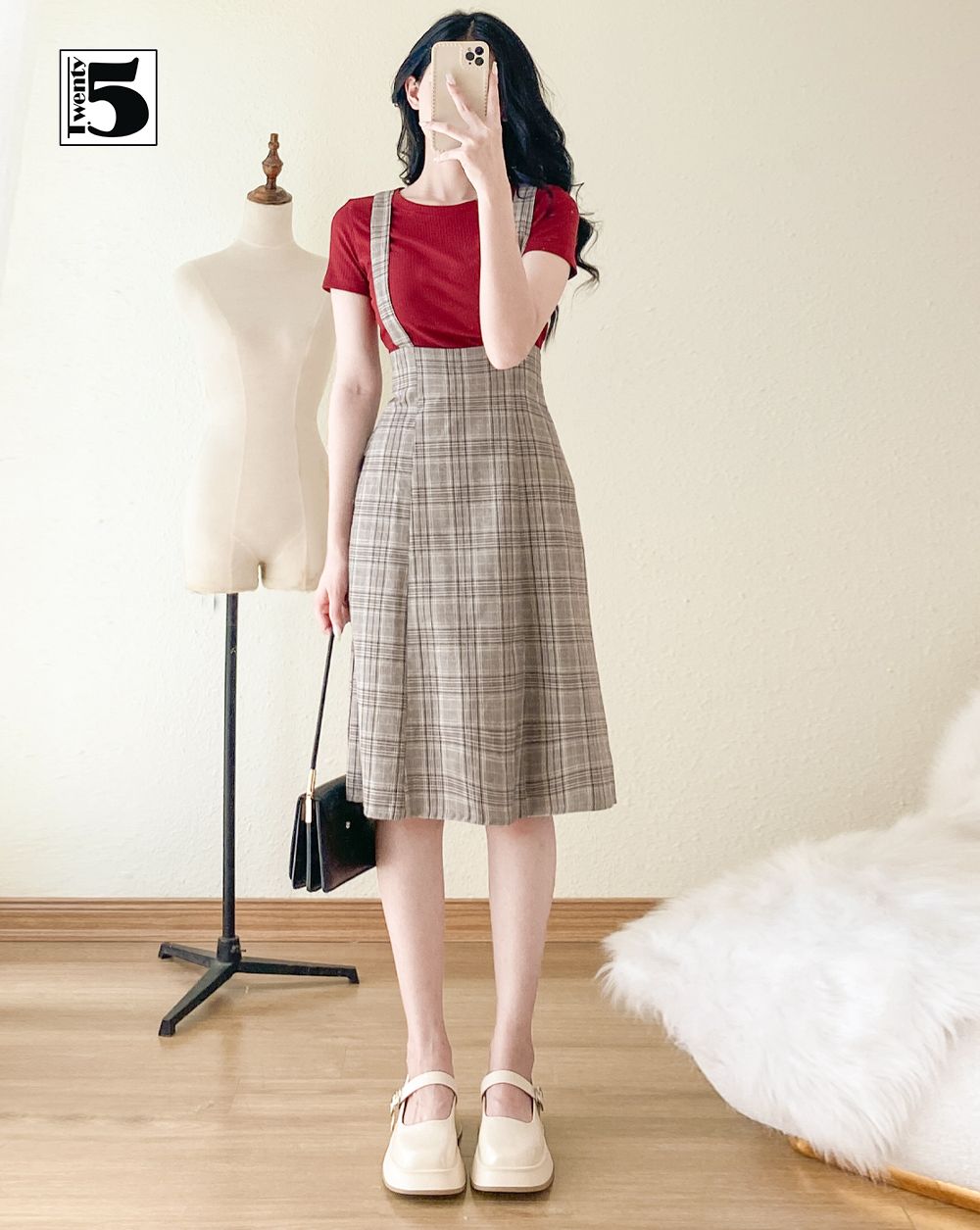 chân váy yếm caro xòe - VN600 - ĐEN | thoitrangxitin.com