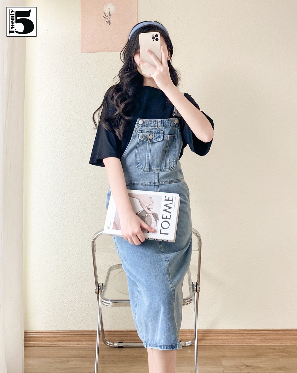 Váy yếm jean dài Wash Cào thêu Logo VN01 | Thời trang Ofamic
