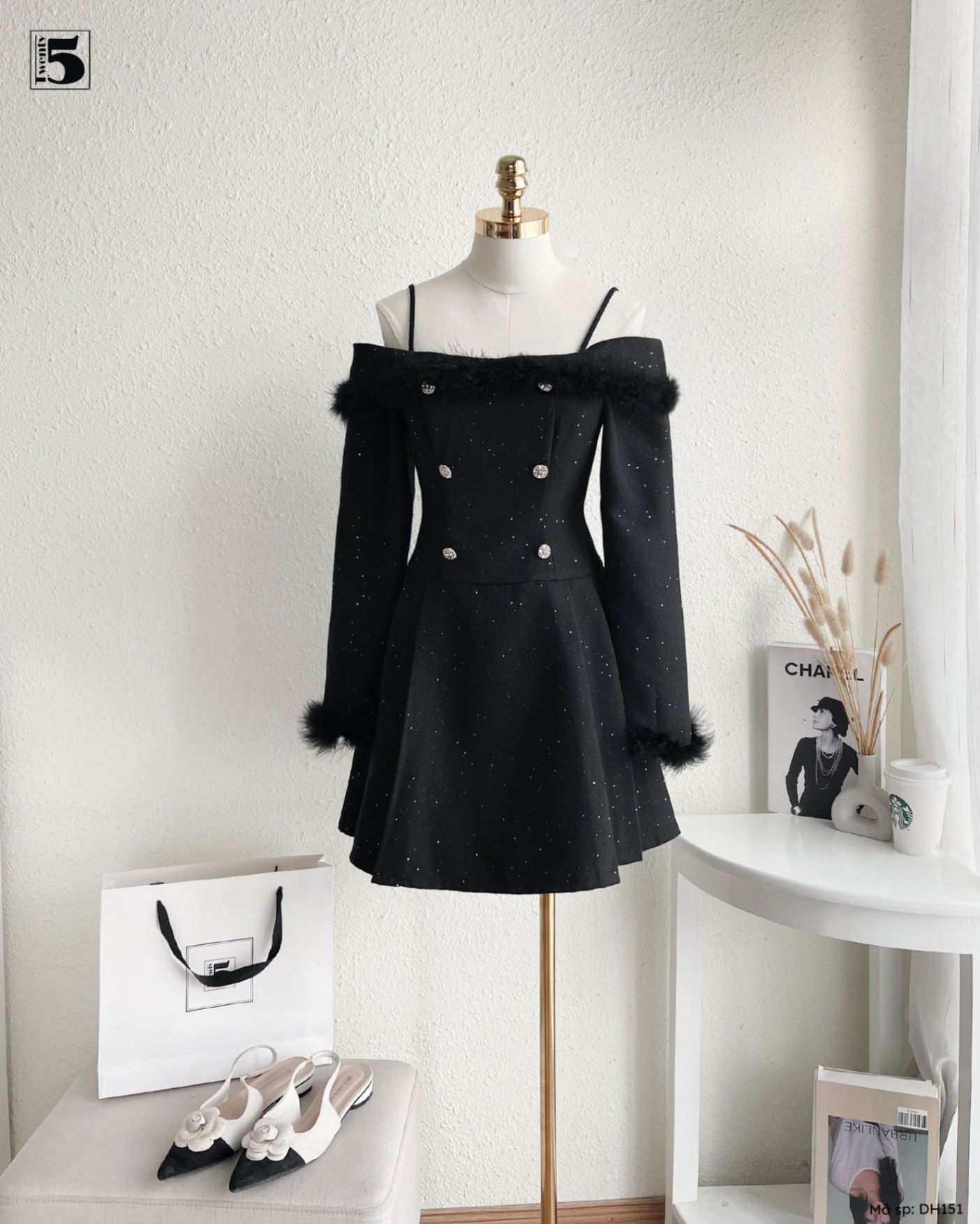 Đầm hai dây DH151-699 thiết kế hở vai, phối lông ở cổ và tay đầm
