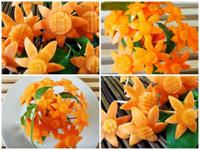 Với một chút khéo léo, bạn có thể biến củ cà rốt thô kệch thành những bông hoa rất dễ thương, sinh động để trang trí cho mâm cơm thêm đẹp mắt, ngon miệng.