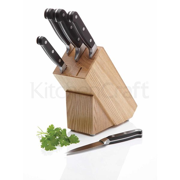 KITCHEN CRAFT, MC, BỘ DAO CÁN ĐEN, KÈM GIÁ CẮM GỖ SỒI, 5 CHIẾC