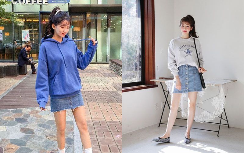 Váy jean kết hợp áo hoodie