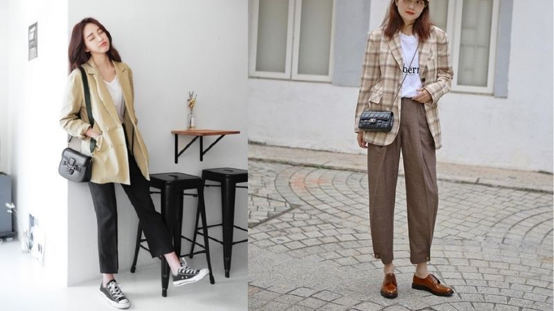 Phối quần baggy với áo blazer