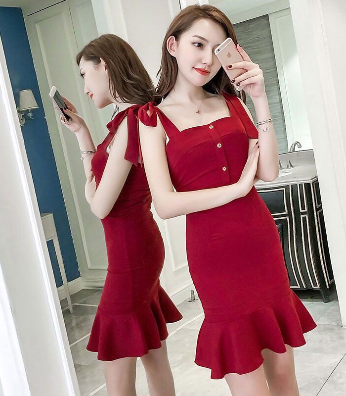 Đầm body đuôi cá thắt nơ vai xinh xắn VIVON hình 1