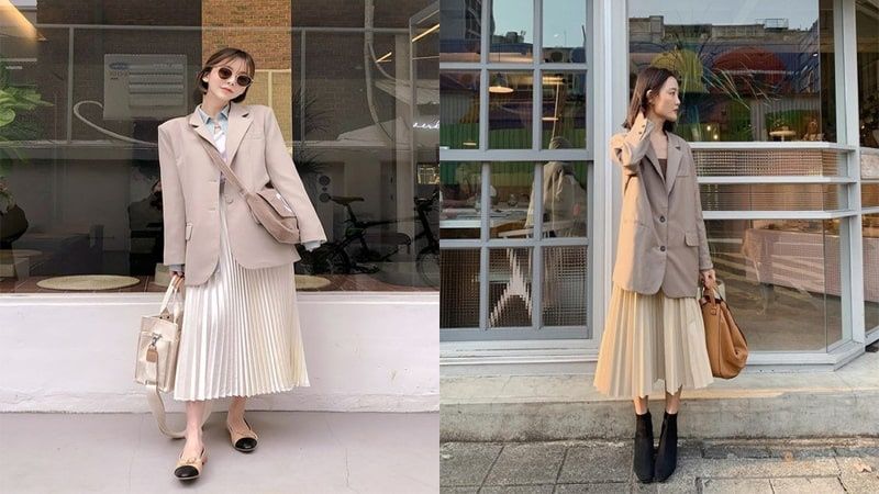 Chân váy xếp ly dài cùng áo blazer