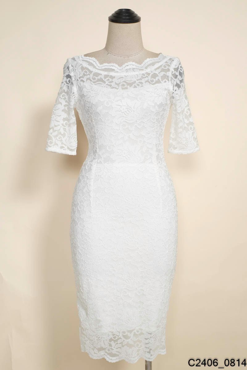 Váy ren trắng cổ V dáng xòe dự tiệc nhẹ nhàng V7763 | The Queen Fashion