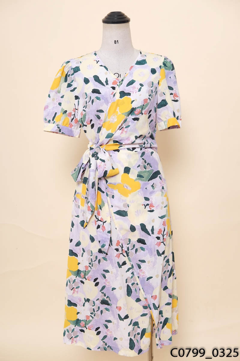 Đầm lụa mango màu tím hoa nhí chân váy bèo - C908