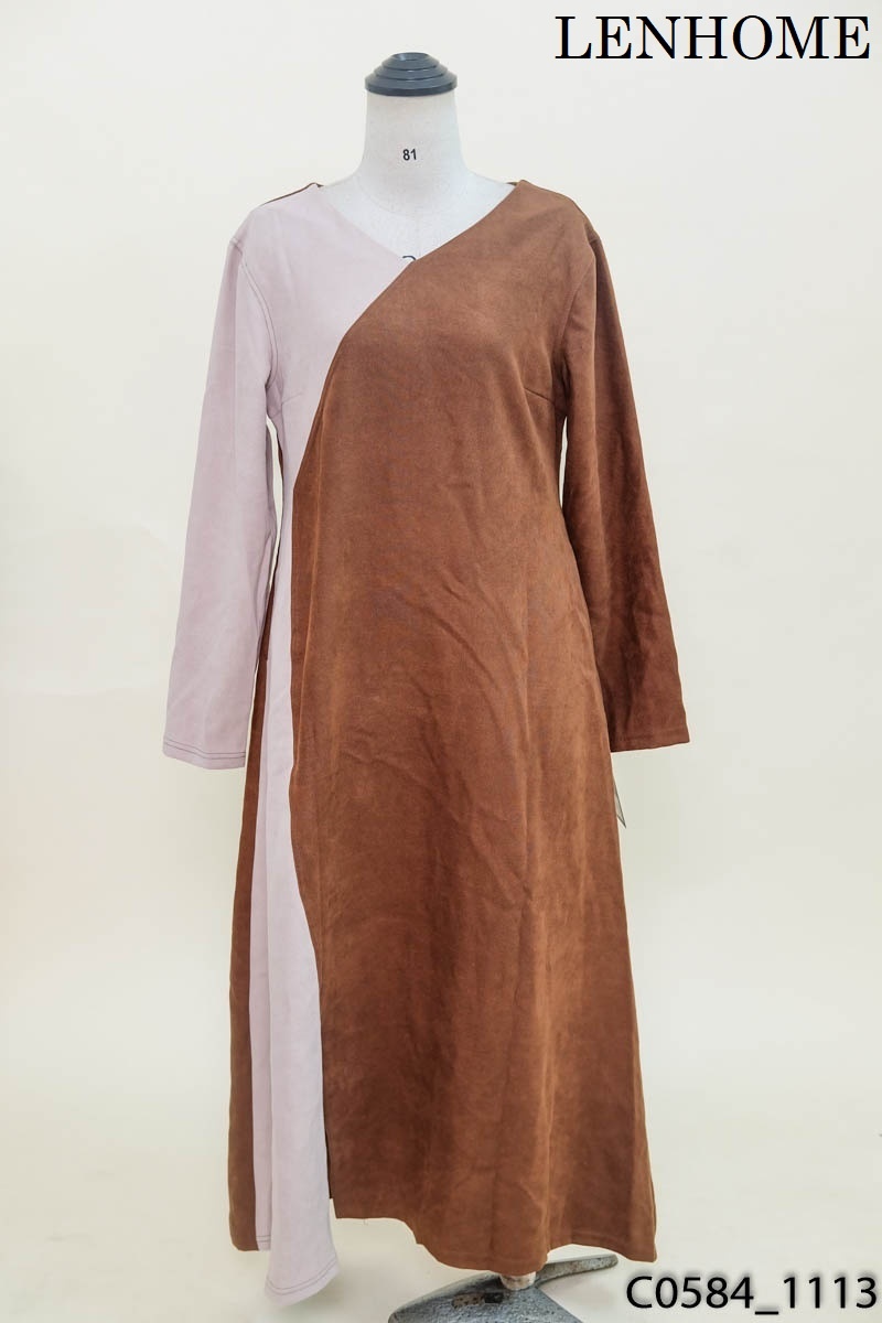 LENHOME- Đầm nâu phối be suông New Tags