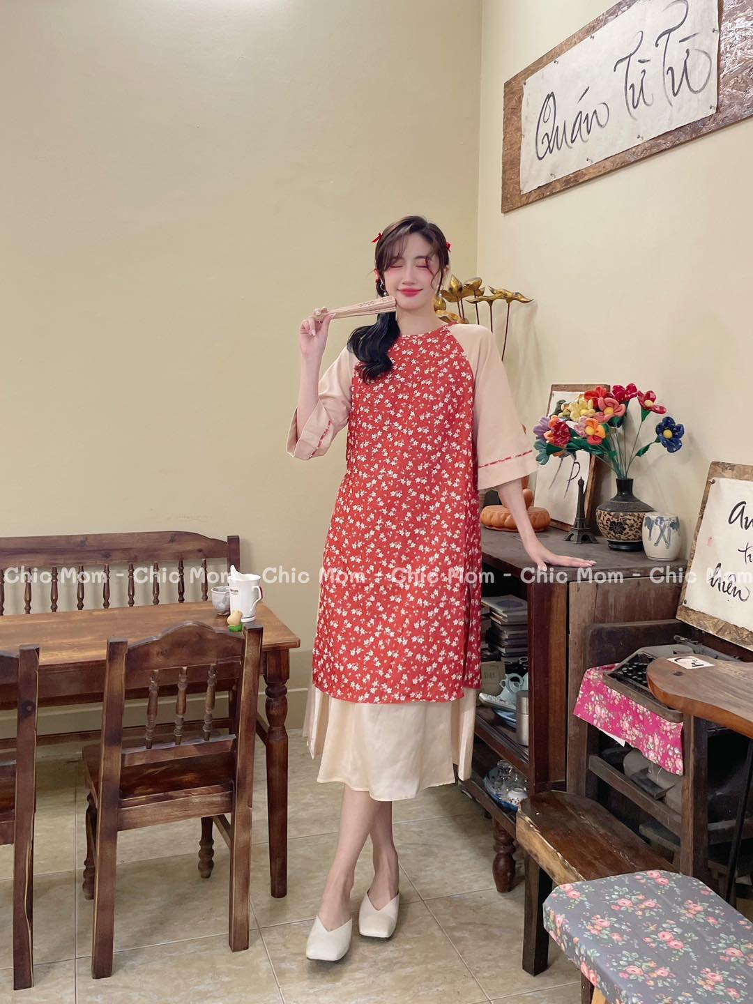 CHICMOM-Set áo dài cam hoa nhí New Tags