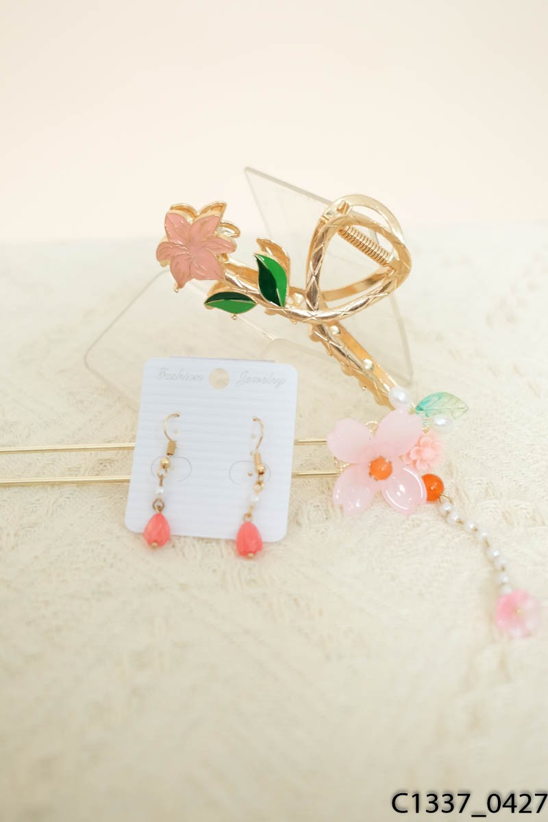 Set trâm cài + kẹp tóc hoa lá + khuyên tai