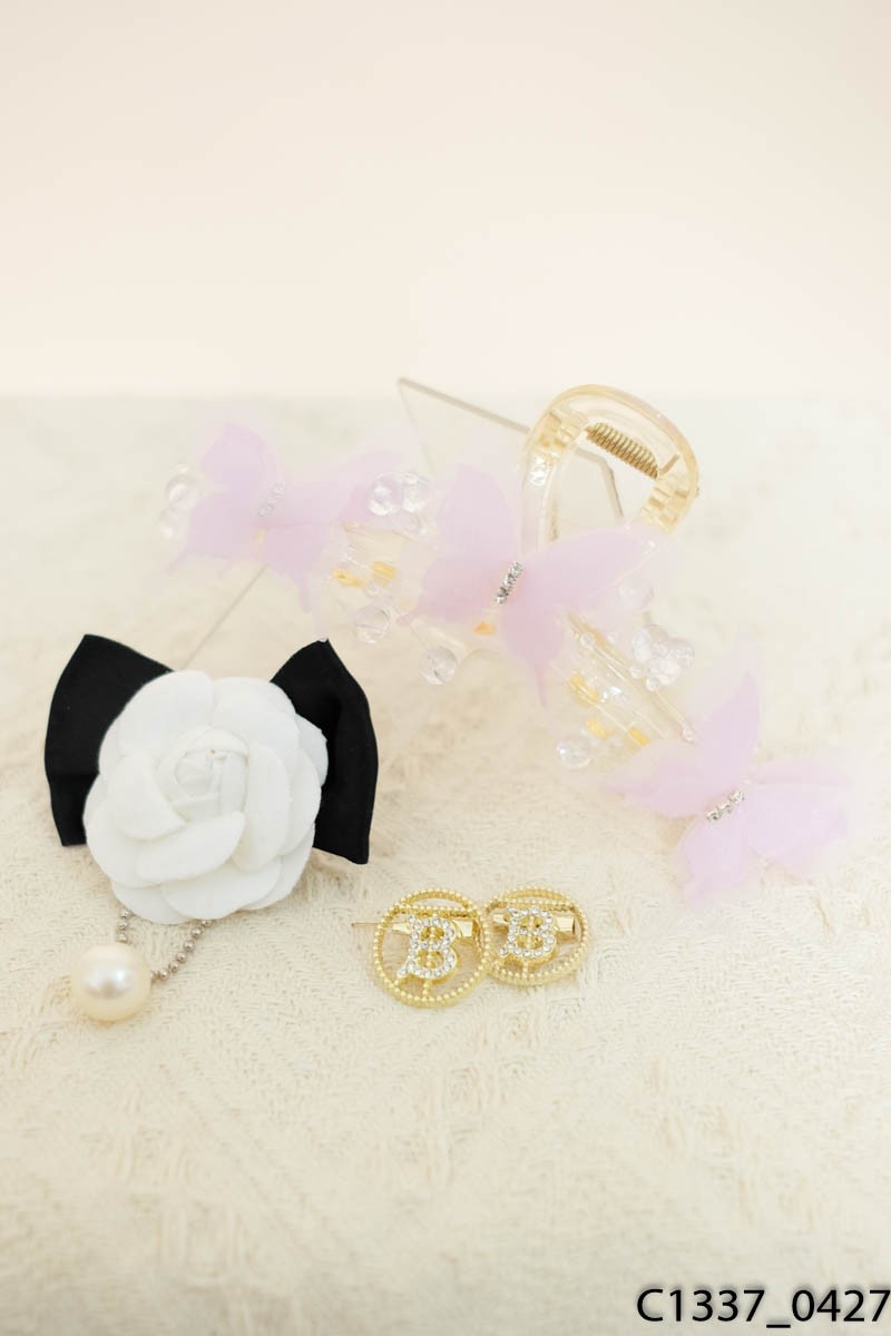 Set 2 kẹp tóc + 2 cài áo đá vàng