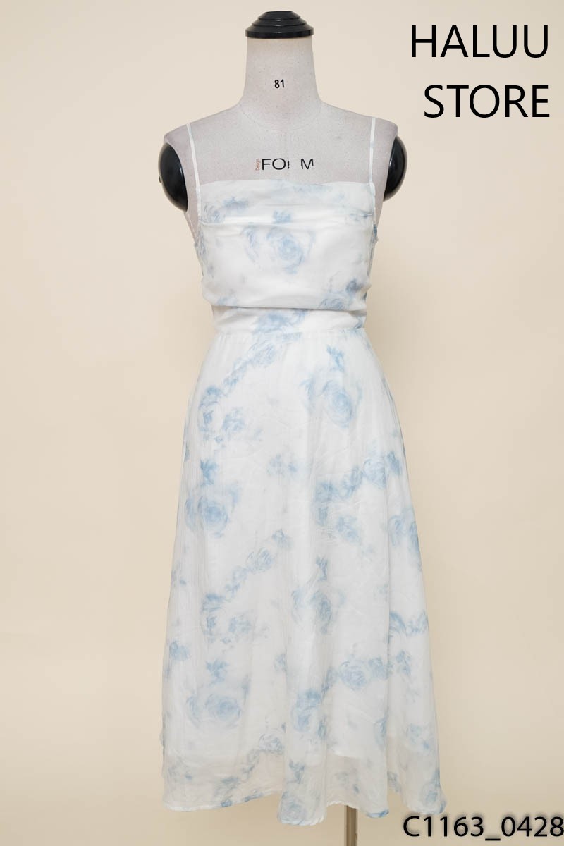 HALUU STORE-Đầm 2 dây be họa tiết xanh