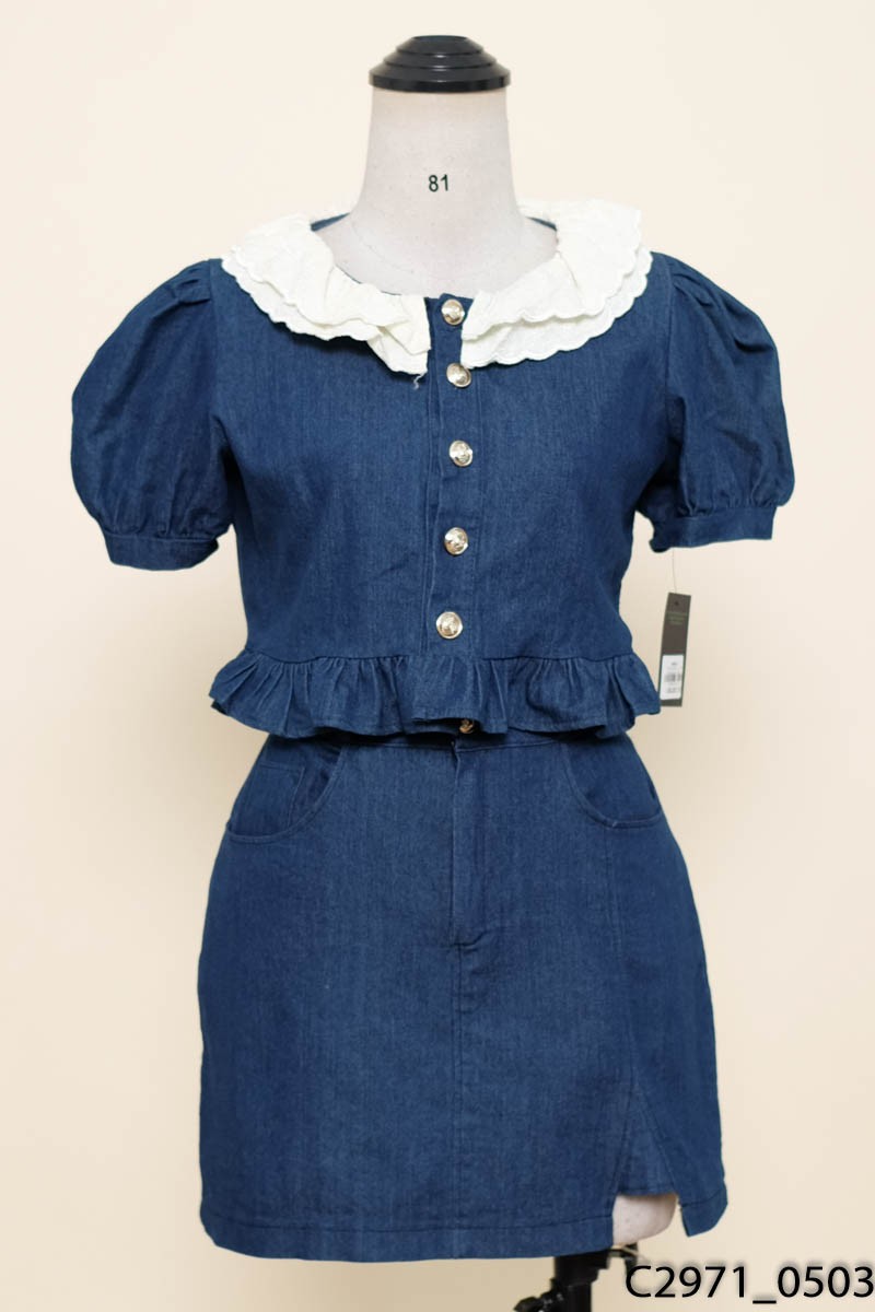 Set jeans xanh viền ren