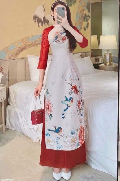 Set áo dài trắng + quần đỏ