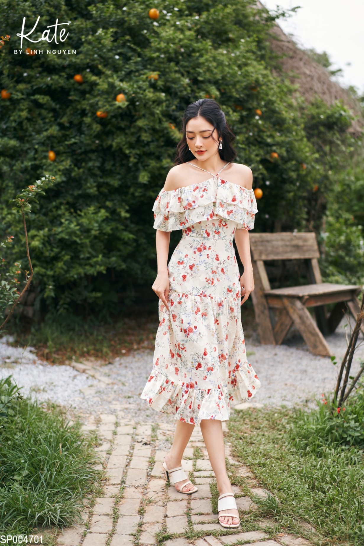 Đầm be hoa đỏ KATE by Linhnguyen