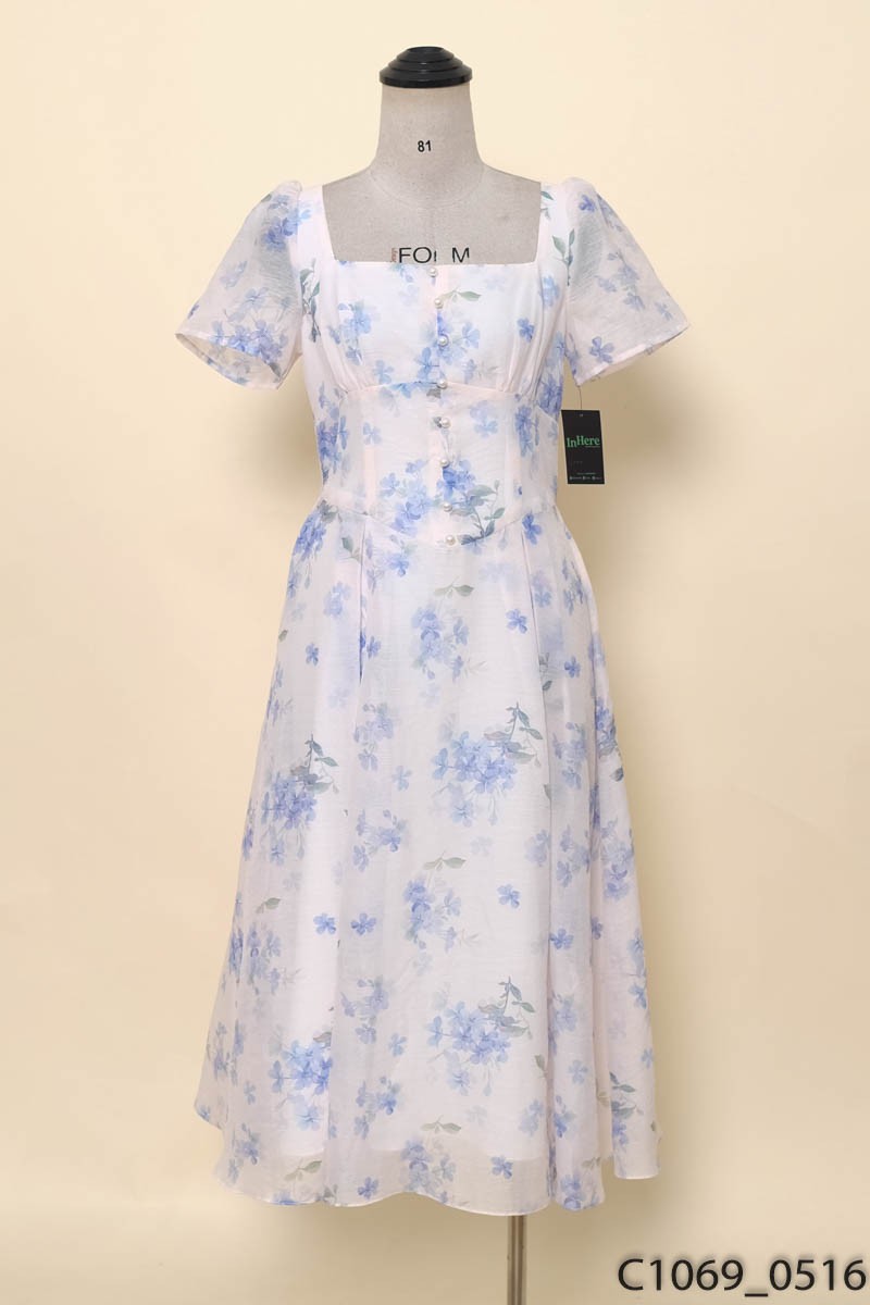 Đầm ánh hồng hoa xanh LÉP