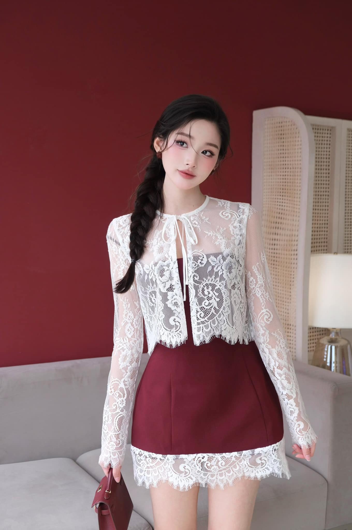 CHOUCHOU- Set đầm đỏ + áo khoác ren trắng