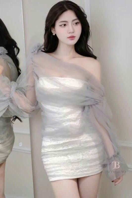 NGUYỄN ĐẸP- Đầm be phối lưới ghi