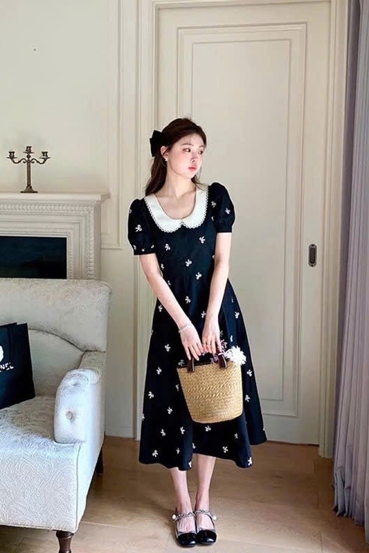 Đầm đen bèo trắng nơ New Tags