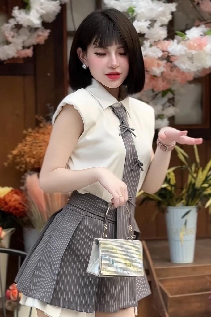 Set áo + chân váy trắng xám New Tags
