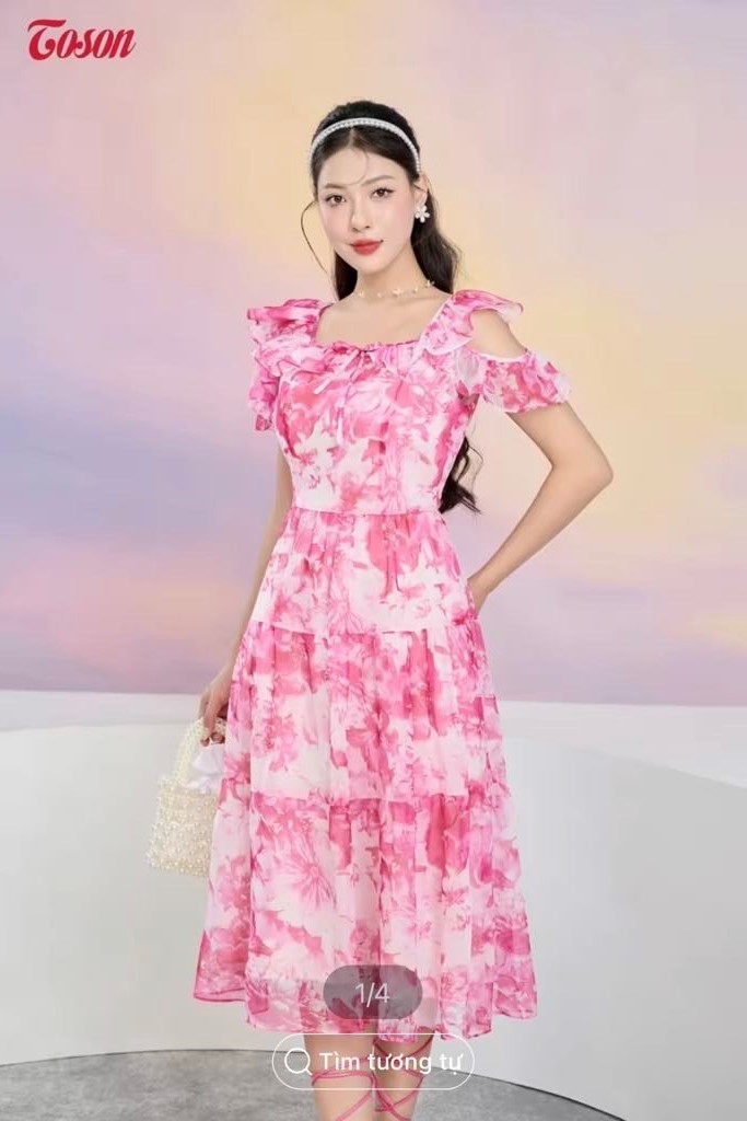 TOSON - Đầm hồng khoét vai