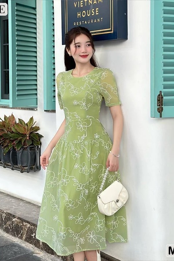 BEMINE- Đầm xanh họa tiết