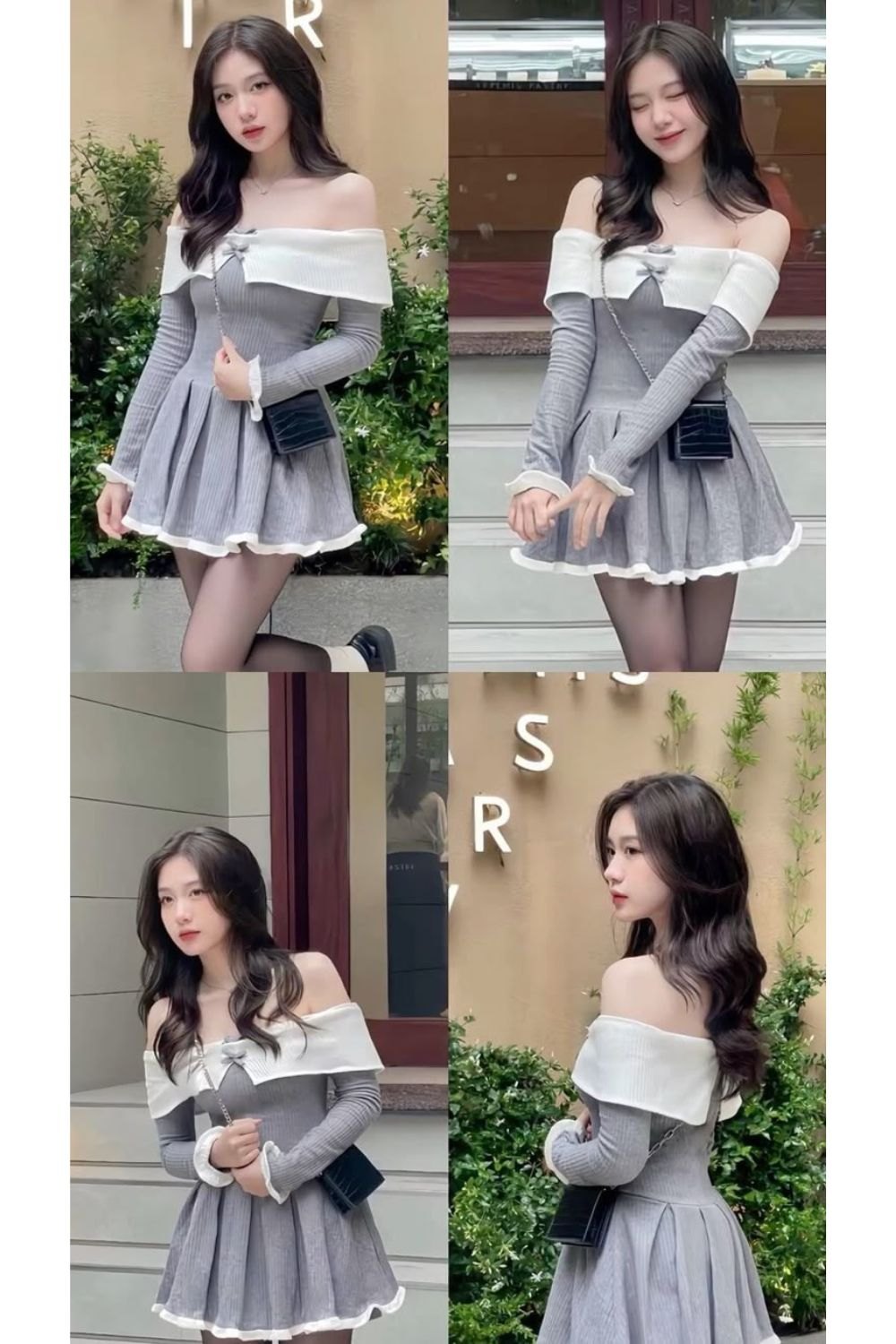 Đầm xám trễ vai