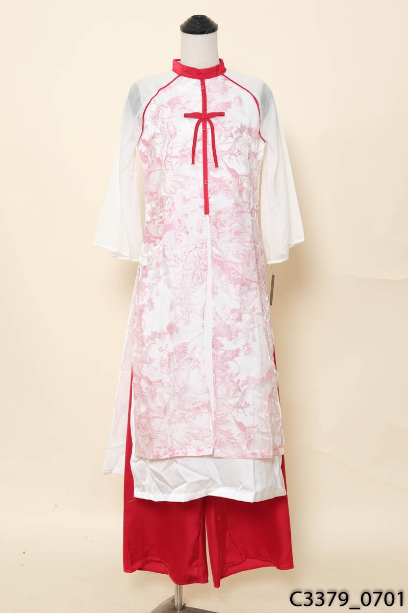 Set áo dài hồng viền đỏ