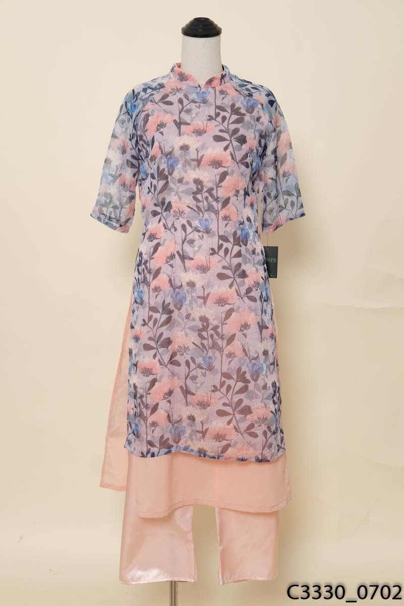 Set áo dài hồng họa tiết