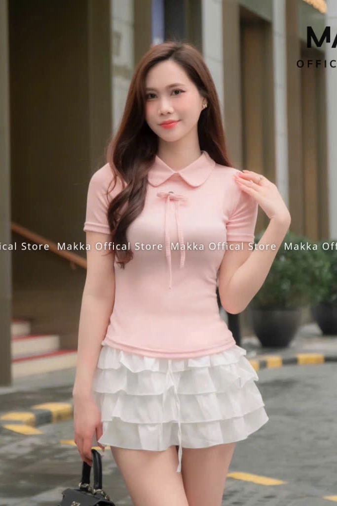 MAKKA- Áo hồng dây nơ cổ New Tags
