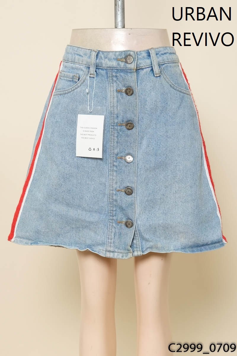 URBAN REVIVO- Chân váy jeans xanh sọc đỏ New Tags