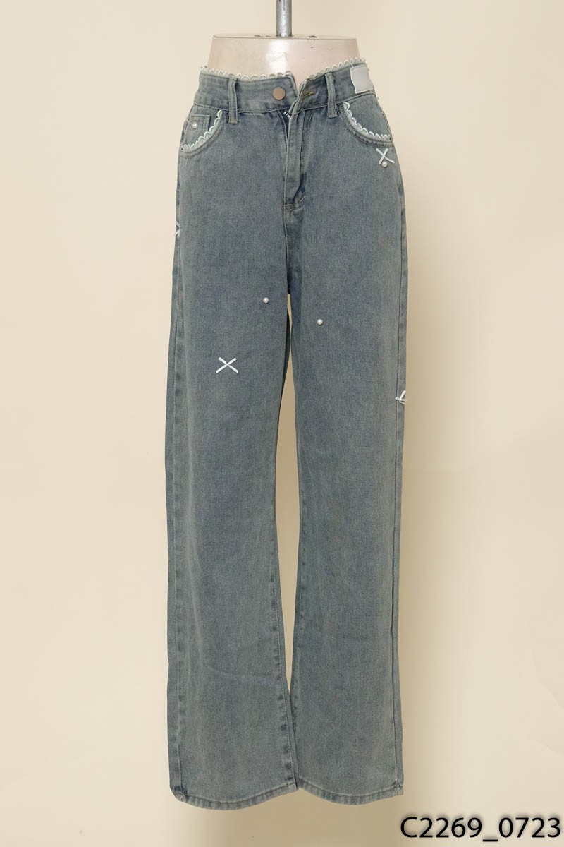 Quần jeans xanh đính nơ/ NEW