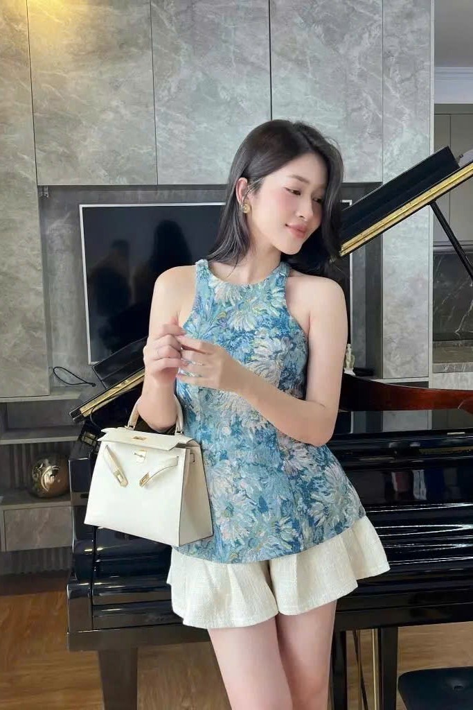 ORLI-Áo 2 dây dạ xanh họa tiết New Tags