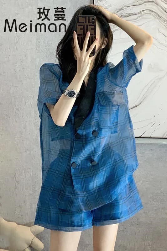 Set vest xanh kẻ đen