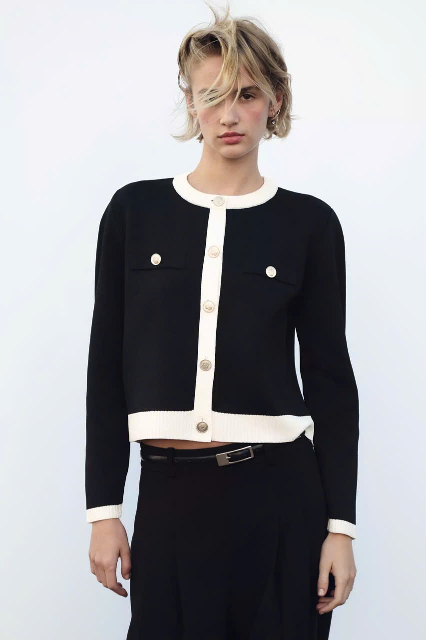 Áo cardigan đen viền trắng Zara