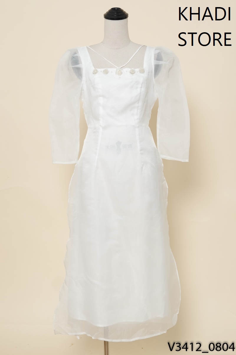 KHADI STORE-Áo dài trắng cổ vuông vai bồng