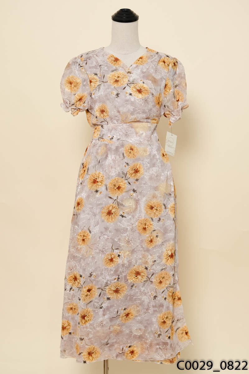 Đầm tím hoa vàng thắt nơ eo New Tags