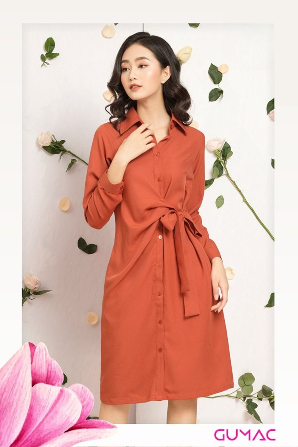 Đầm sơ mi cam Gumac