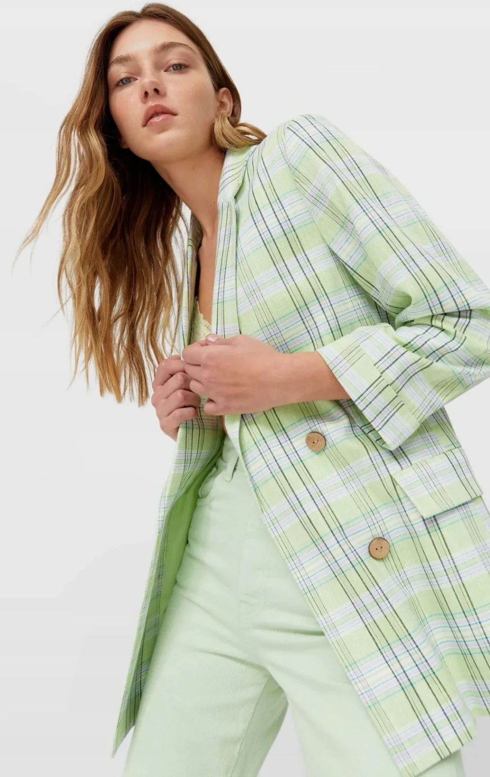 Áo blazer kẻ xanh lá Stradivarius