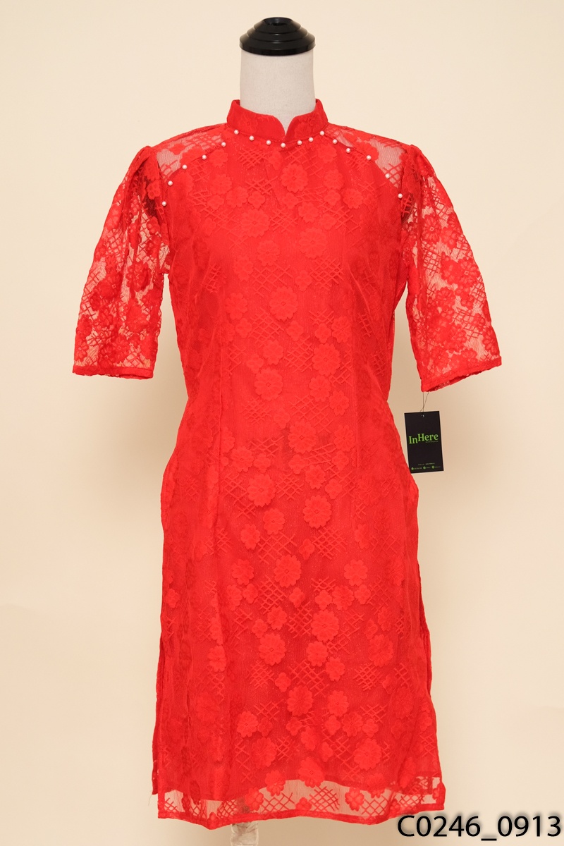 Áo dài ren hoa đỏ cách tân New Tags