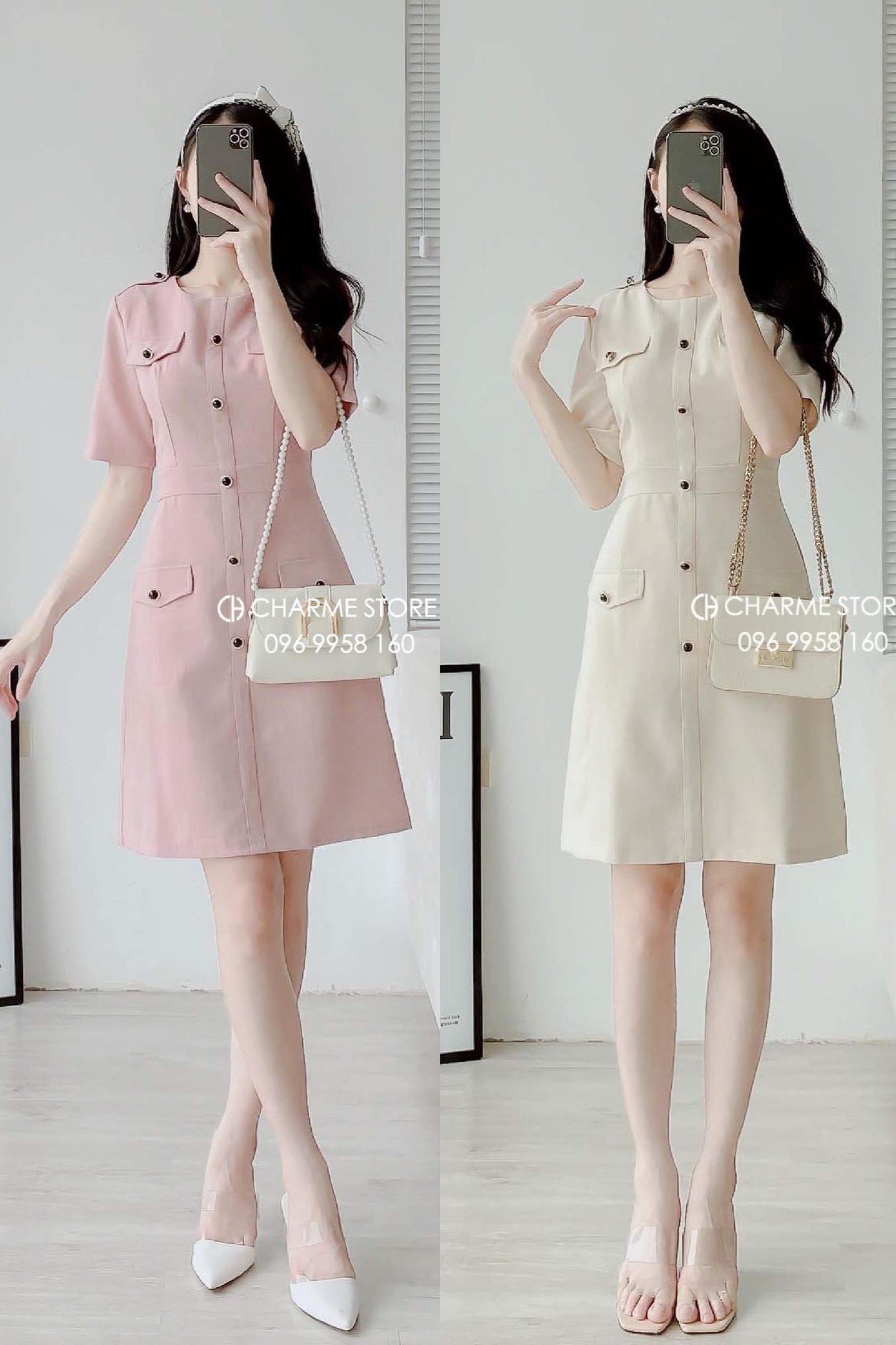 CHARME STORE-Đầm hồng cúc đen New Tags